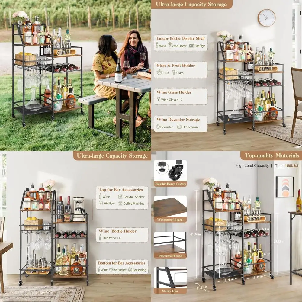 

Compact Wine Cart with Glass Rack, Portable Bar Trolley for Home, Whiskey & Liquor Storage for Kitchen and Dining Area