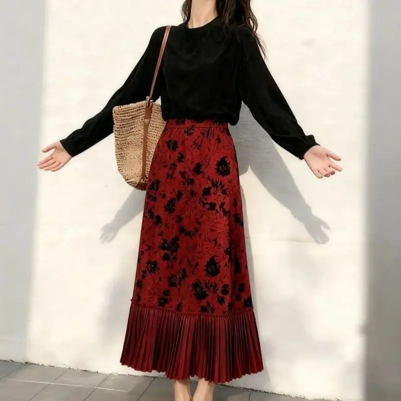 New Fashion Floral Printed Skirt Women Spring Autumn High Waist A-line Pleated Patchwork Elegant Long Skirts Office Lady Jupe