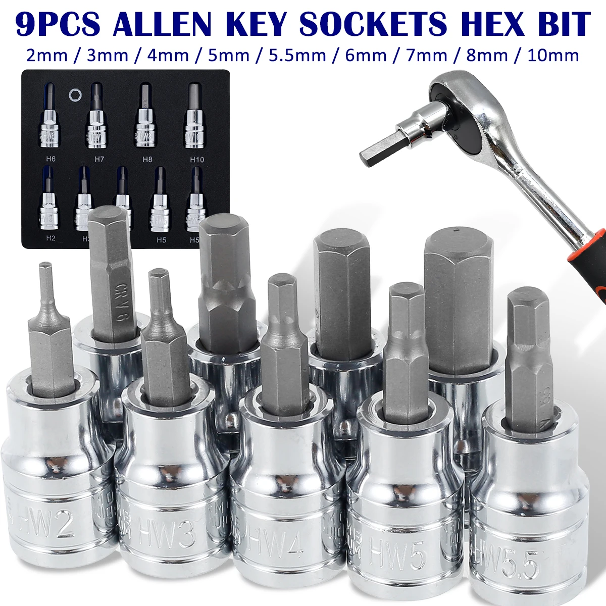 9Pcs Hex Bit Socket Set Allen Key Sockets Professional 3/8inch Drive Drill Metric Tool Kit Durable Impact Socket Set Size 2-10mm