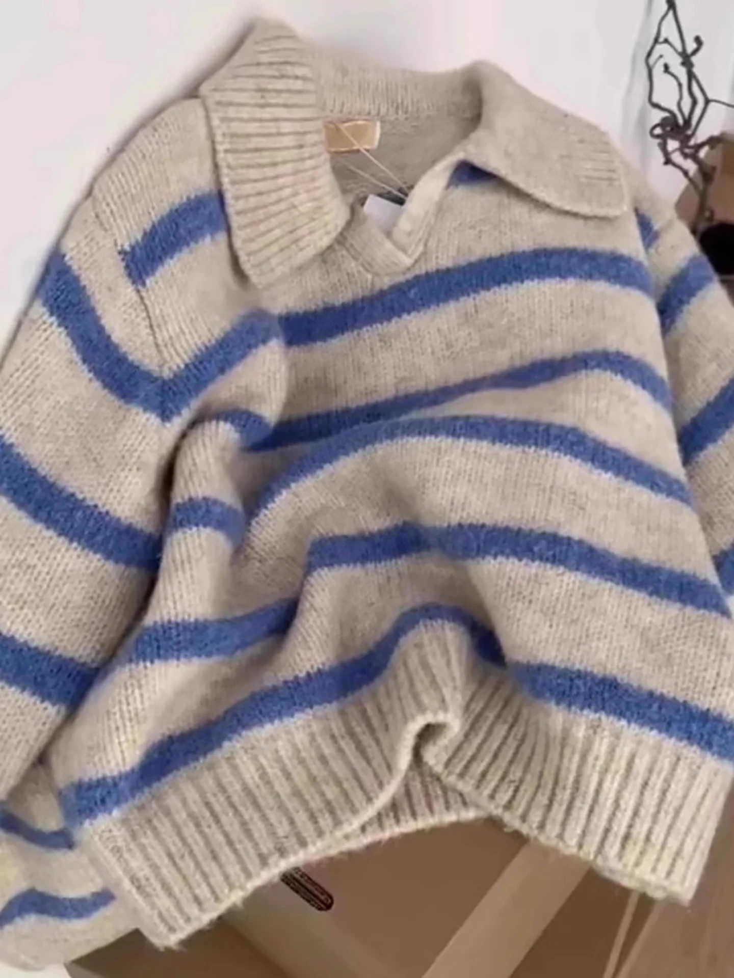 

Soft Long Sve Ne Knitted Sweater Blue Stripes Women's Autumn Winter Vintage Sle Comfortable Casual Faion Top