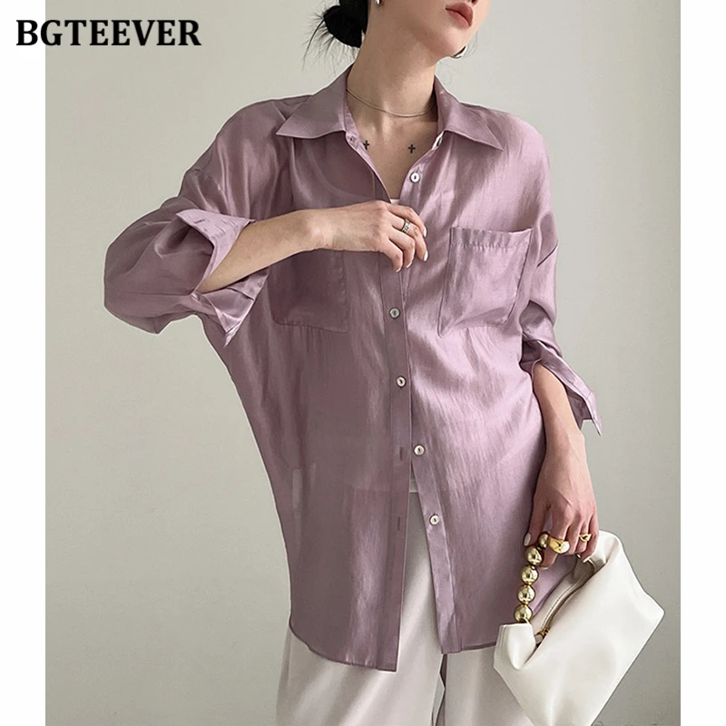 BGTEEVER Summer Loose Single-breasted Female Shirts Long Sleeve Turn-down Collar Pockets Ladies Blouses Tops