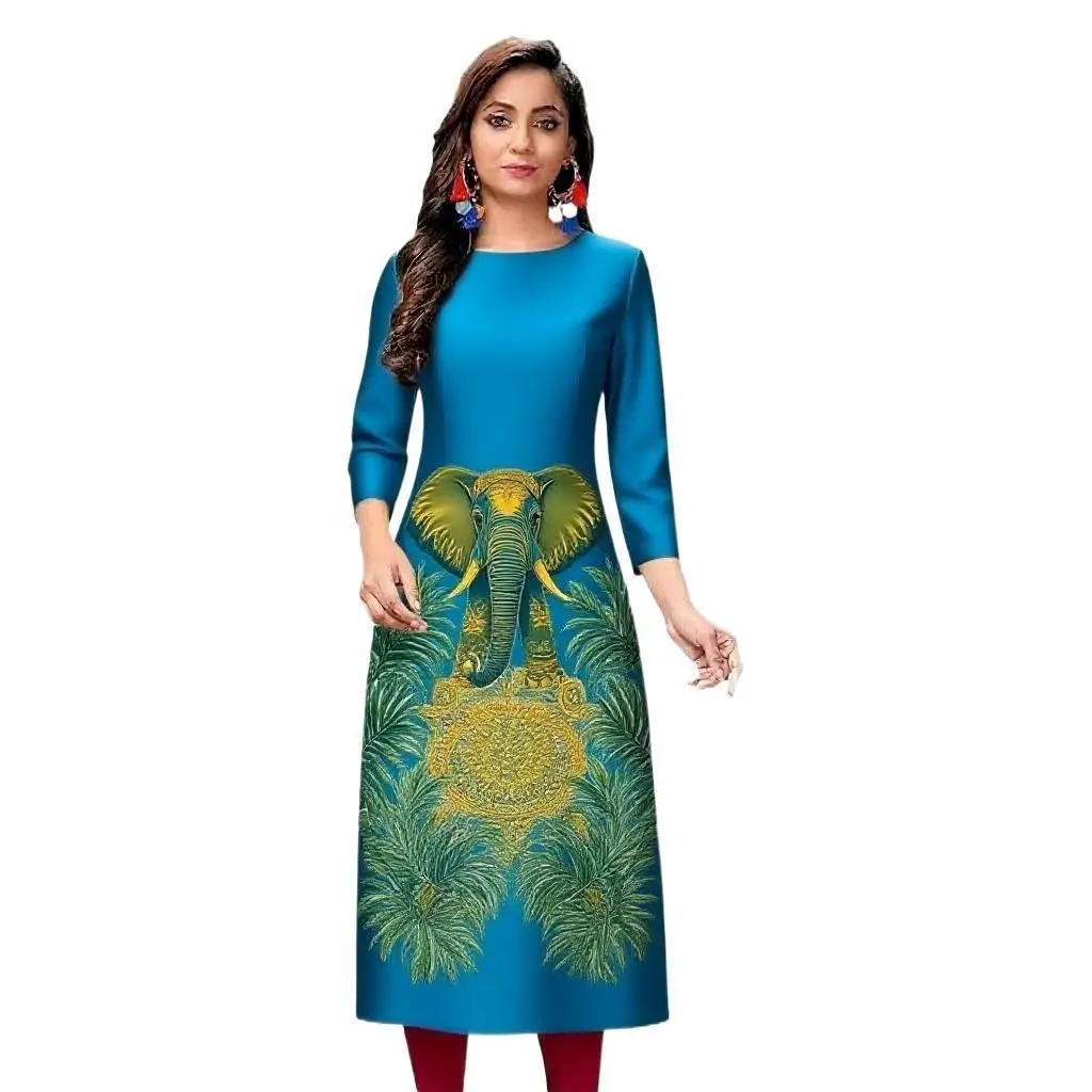 Sukienka damska 2026, modna i elegancka, z długim rękawem, o prostym kroju, codzienna, z okrągłym dekoltem, wzór w kolorze słoniowej kości.