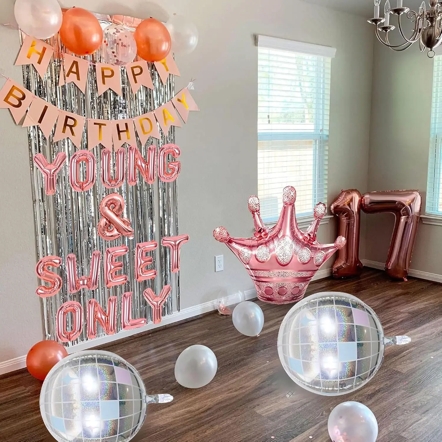 LaVenty Young and Sweet Only 17 Birthday Decoration Young and Sweet Only 17 Banner Dancing Queen 17 Decoration Disco Balloons