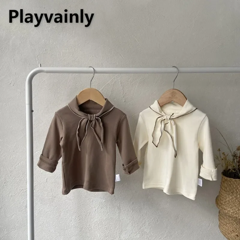 

Korean Style Autumn Baby Girls Bow Scarf Collar T-shirt Solid Color Long Sleeve Pullover Tees Toddler Girl Bottoming-shirt A7306