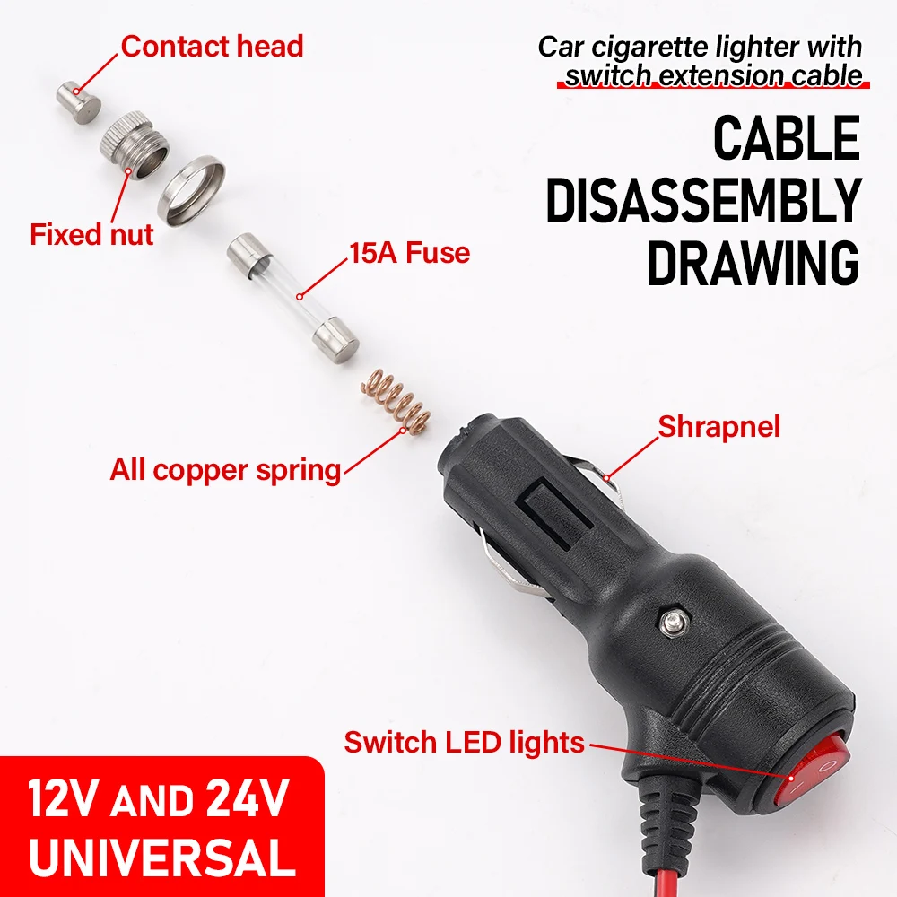 Kabel ekstensi pemantik rokok Universal, alat aksesori steker soket pemantik rokok mobil, kabel ekstensi 3M 12V/24V 15A