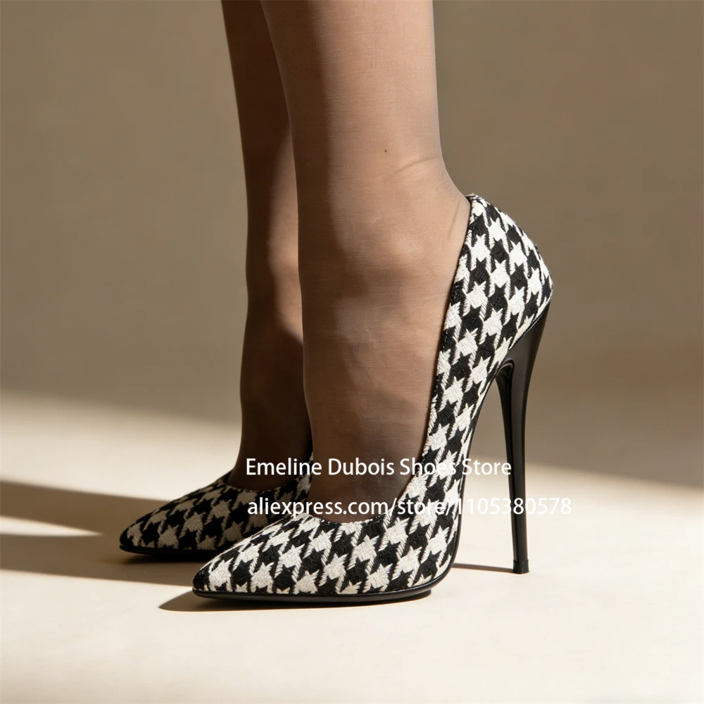

16cm Peep Toe Pumps Stilettos High Heels Houndstooth Elegant Ladies Shoes Shallow Plus Size Wedding Shoes for Women Plus Size