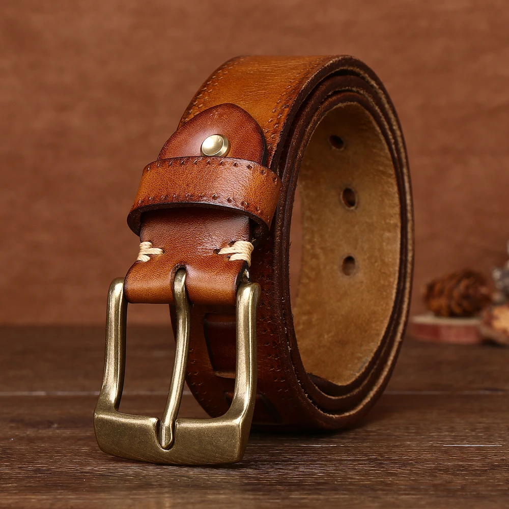 The new version of the retro fashion trend with pure cowhide thickened copper braided leather casual denim belt