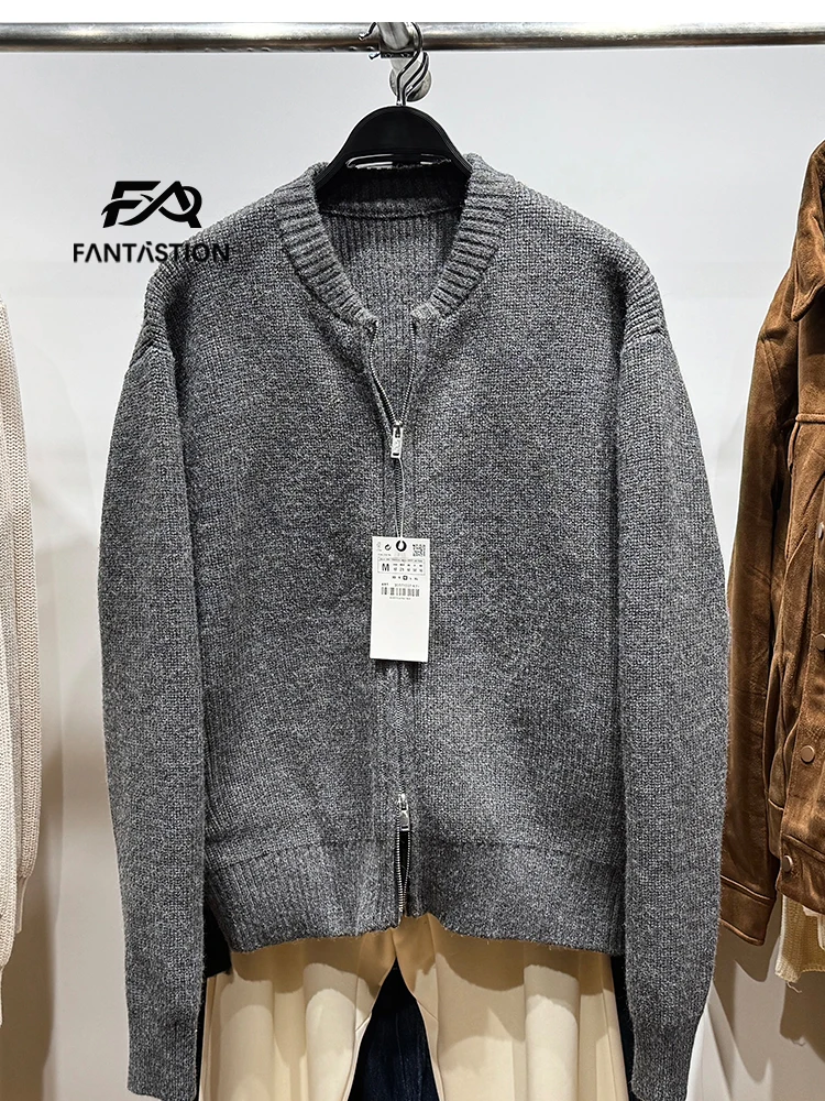 

FANTASTION stand collar knit sweater pilot jacket Cardigan sweaters zipper