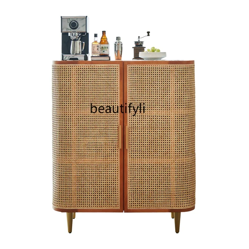 Rattan Solid Wood Sideboard Multi-Functional New Chinese Style Home Living Room Wall Double Door Locker