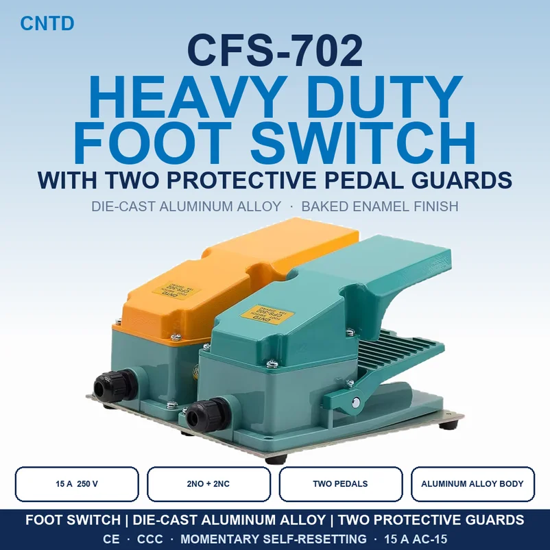 CNTD CFS-702 Heavy Duty Aluminum Alloy Foot Switch with Two Protective Pedal Guards 15A 250 VAC 2NO 2NC Dual Momentary CE CCC