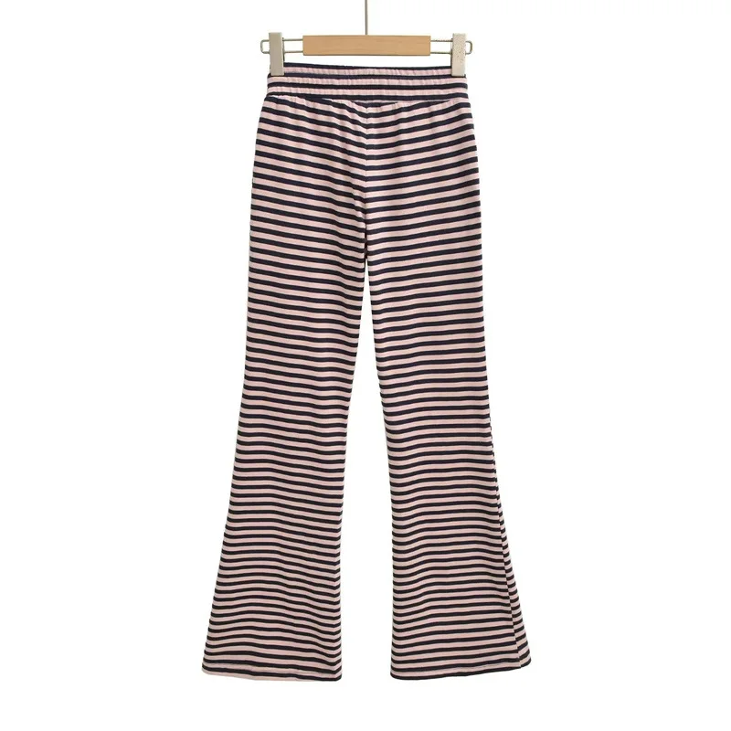 가을 루즈 와이드 레그 스트라이프 드로스트링 플레어 팬츠 캐주얼 바지 여성 빈티지 유럽 스타일 롱 패션
