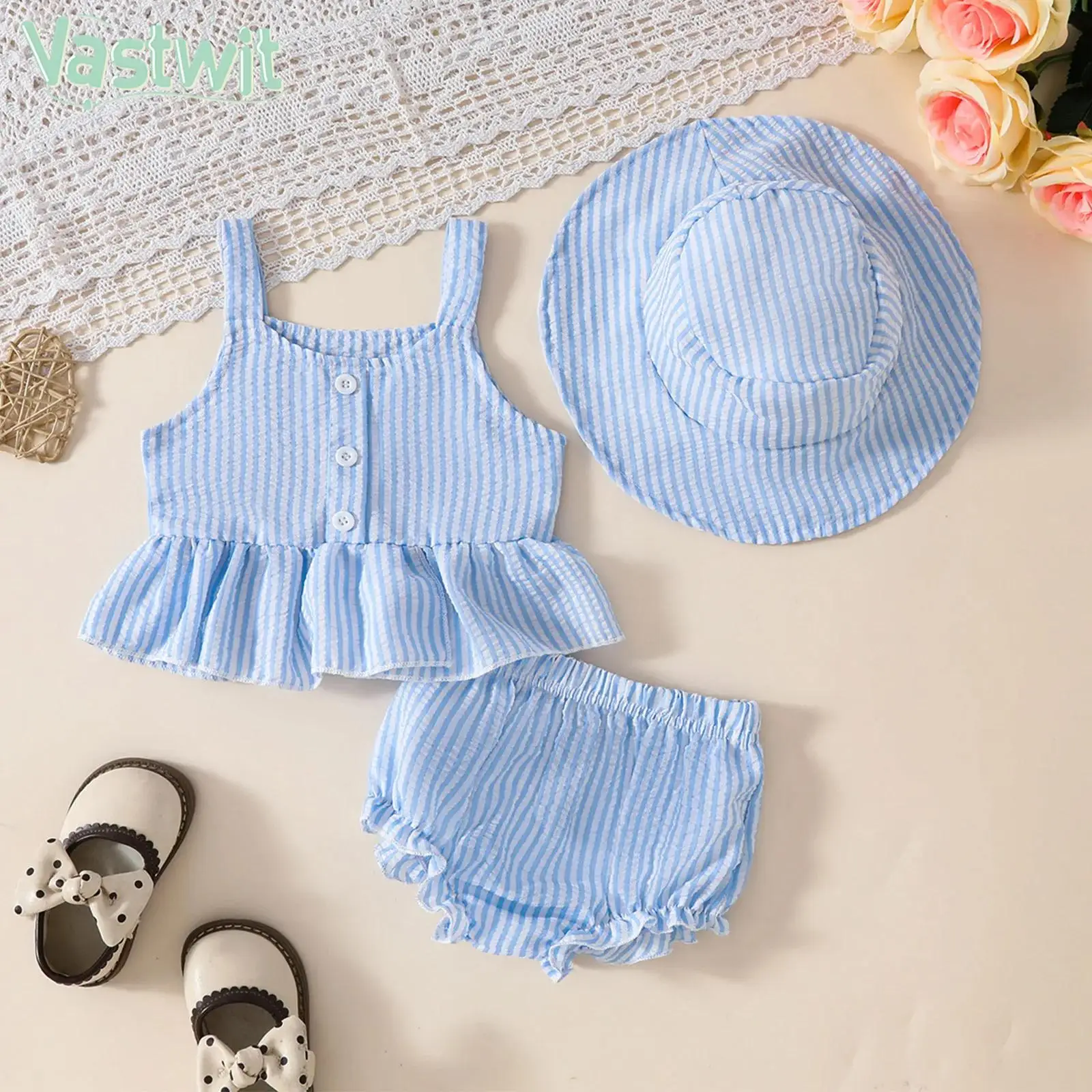 

Infant Girls Summer Sweet Cute Sleeveless Striped Tops with Shorts Hat Daily Beach Holiday Party Photography Costume Loungewear