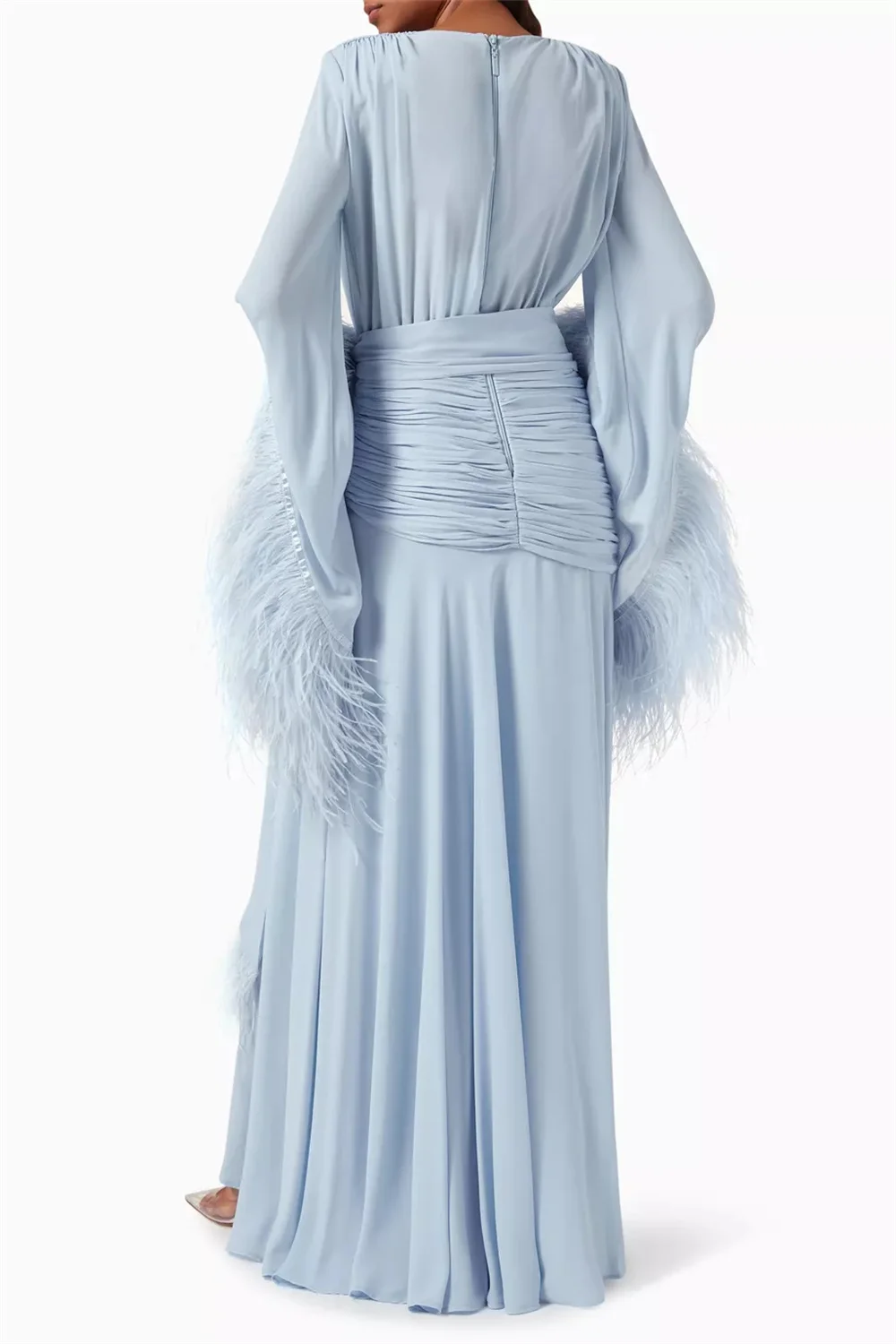 Vestido de noite azul claro com decote em v penas mangas compridas vestidos de noite elegantes em cascata chiffon plissado vestidos de festa personalizados