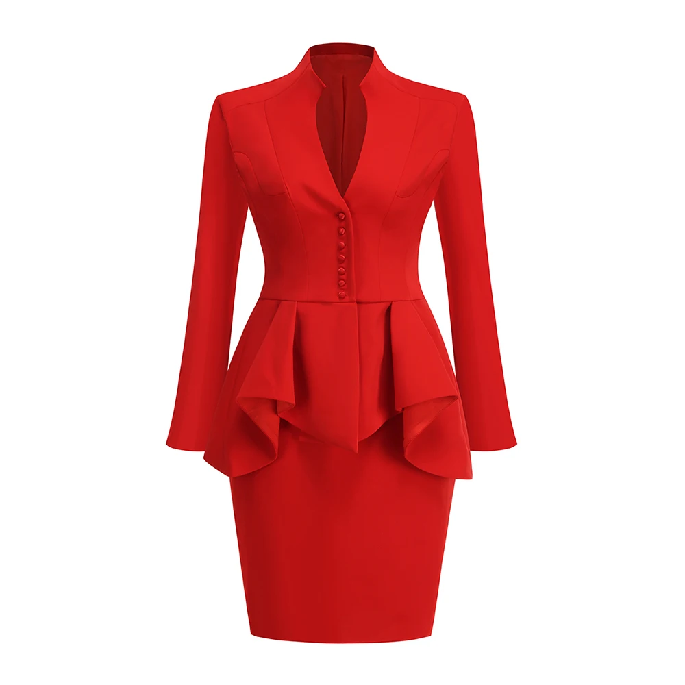 Women's 2 Piece Outfits Formal V-Neck Long Sleeve Buttons Smocked Top and Casual Split Bodycon Midi Skirt Set for Evening Party