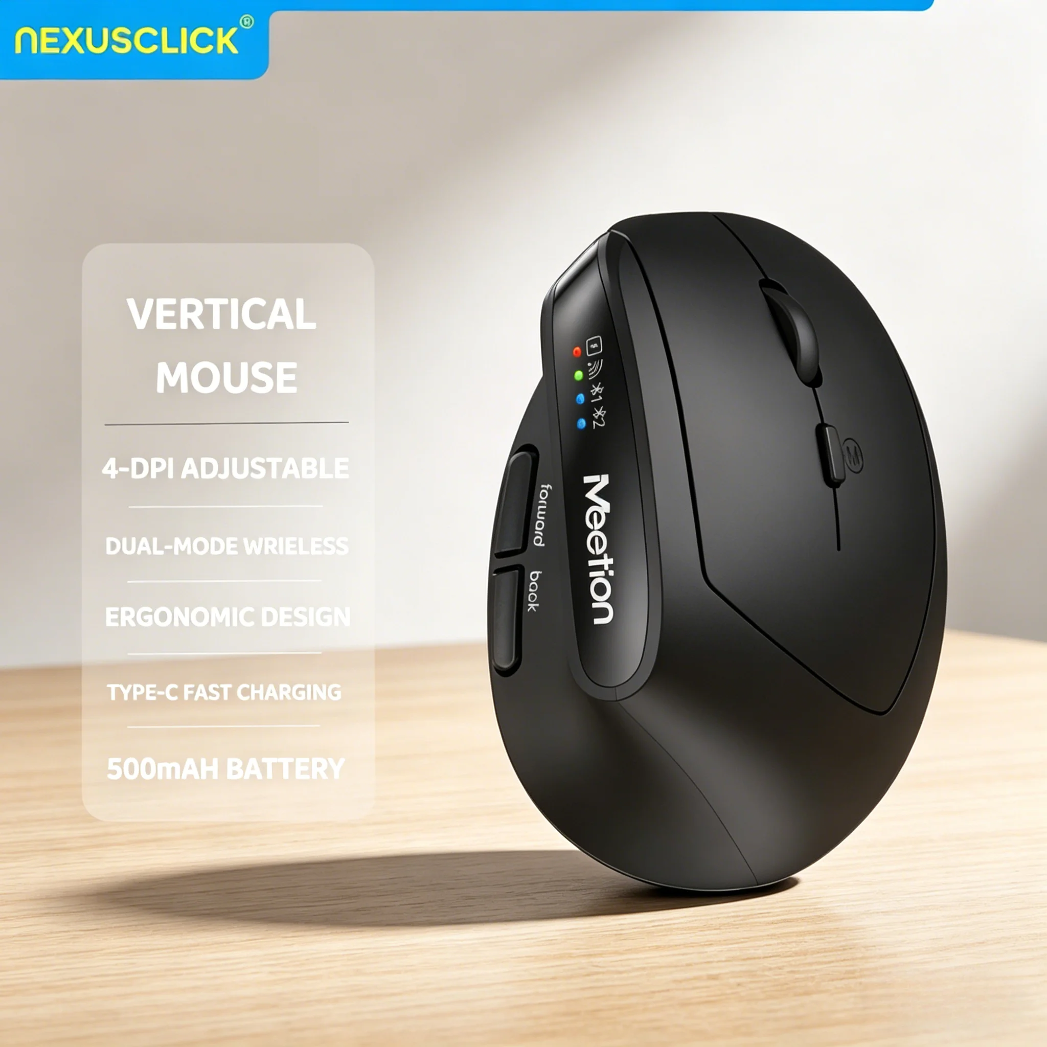 NexusClick Ergonomic Vertical 2.4G Wireless Rechargeable Mouse, 7 Buttons Optical Mice 4  Level DPI Portable Laptop Office Mouse