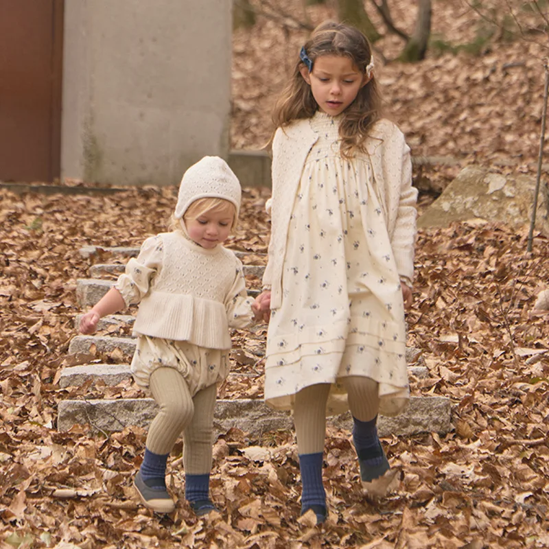 Spot Girls Dress 26 Autumn New Blue Broken Flower Fashion Wrap Children's Long Sleeve Dress Cotton Cute Birthday Princess Dress