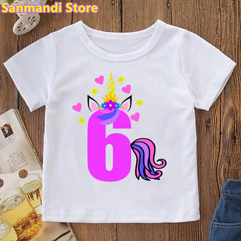 

Hot Sale Cute Unicorn Print T-Shirt For Girls 3th/4th/6th Birthday Gift Children'S Clothing Pink Love Flower Tshirt Girl