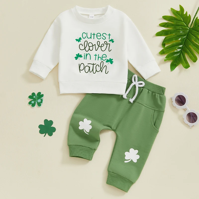 Baby Irish Day Outfit Letter Clover Print Long Sleeve Sweatshirt and Elastic Pants Set for Newborn Infant Fall Clothes