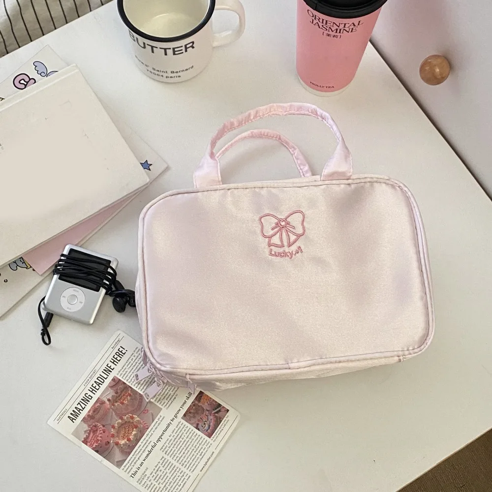 

Portable Large Capacity Bow Makeup Bag Pink Three-layer Large Cosmetic Bag Skincare Storage Multifunctional Toiletries Bag Women