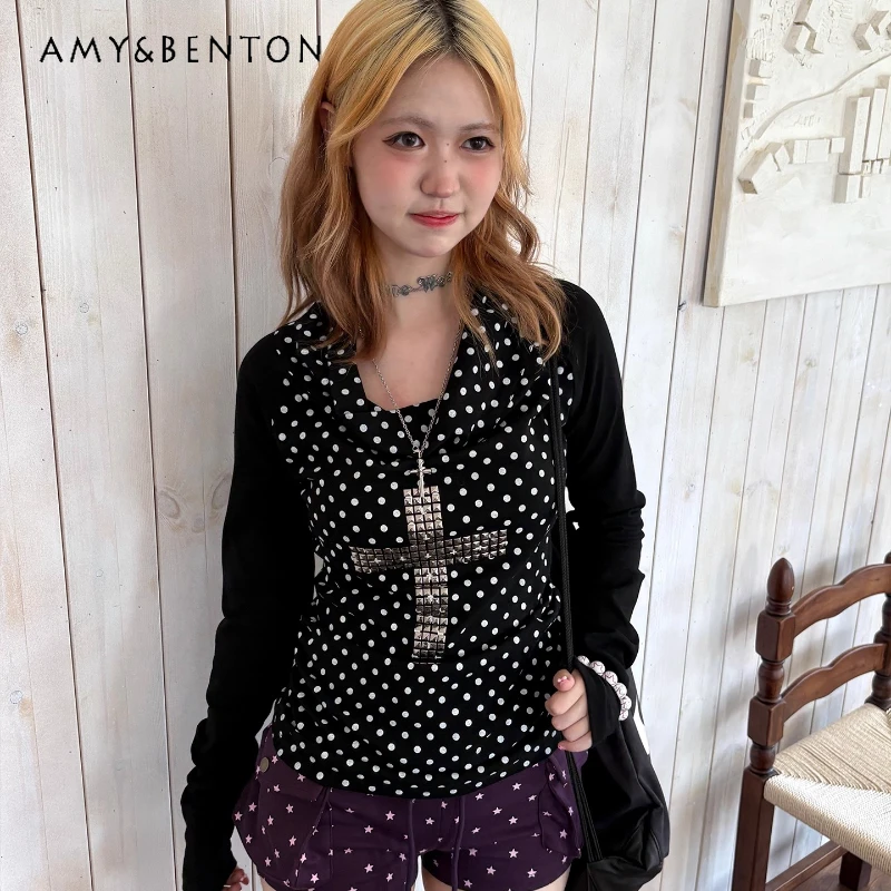 

Autumn New Black Polka Dot Rhinestone Splicing Women's Clothing Japanese Design Sweet Cute Versatile Long Sleeve T-Shirt Ladies