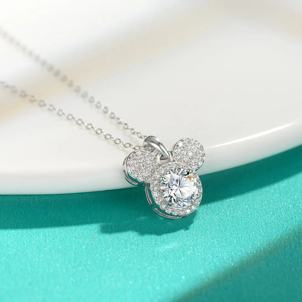 

BR 6.5mm S925 Sterling Silver 1CT Moissanite Necklace, Luxury Round Bezel Mickey Pendant, Stylish Clavicle Chain for Women