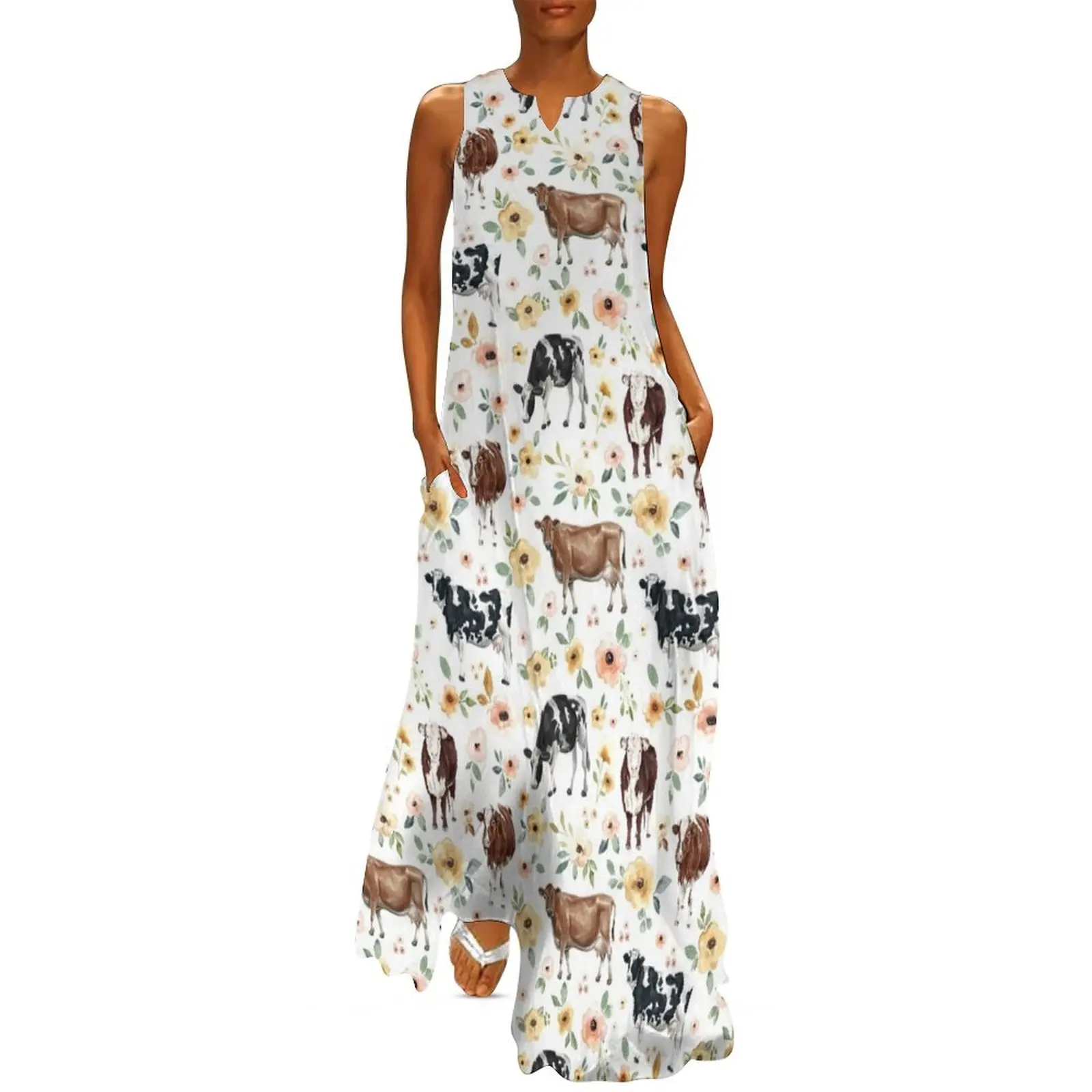 

Floral Cow Print, Yellow Flowers, Pink Floral, Cowgirl, Cow Painting, Country Long Dress Bride dresses Dress