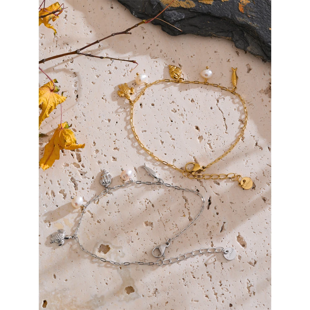 Yhpup Ocean Style Summer Accessories Natural Pearl Shell Fish Drop Chain Bracelet Bangle Stainless Steel High Quality Jewelry
