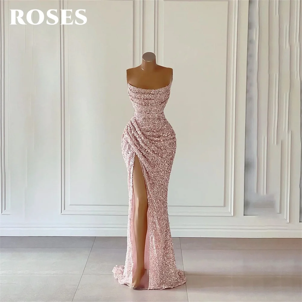 ROSES Pink Glitter Formal Dress Side Split Party Dress For Wedding Pleat Sleeveless Mermaid Special Occasion Dresses robe soirée