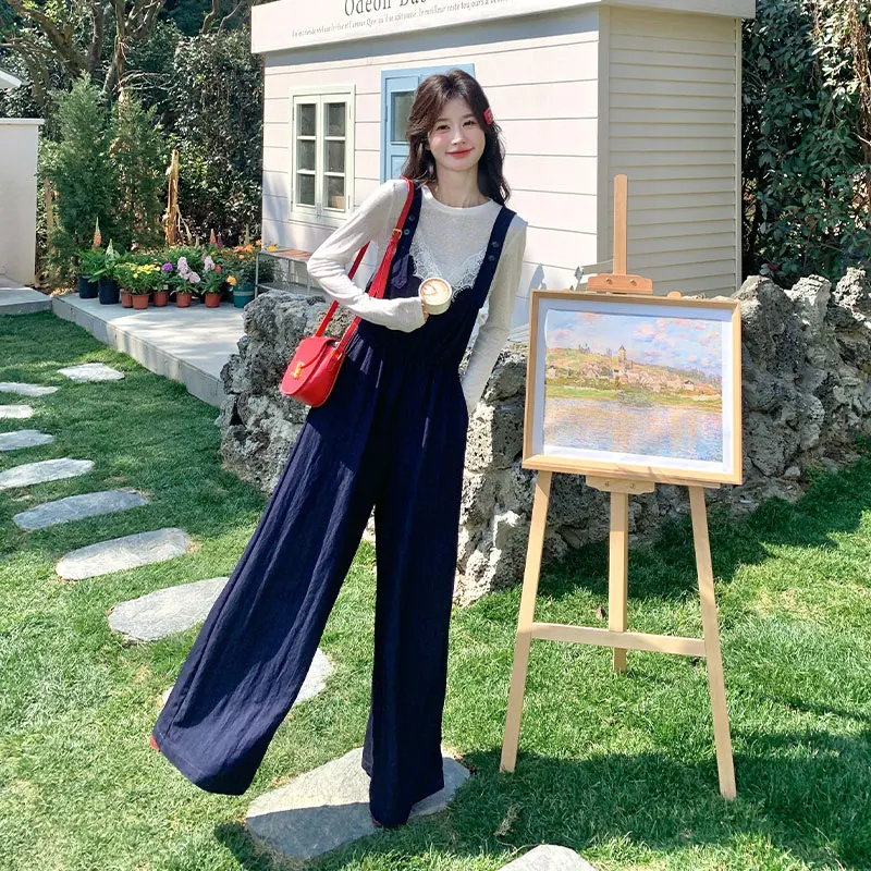 

Deep Blue Lace Patchwork Jumpsuit Set Women's Spring 2026 New Sle Age-Defng Overalls Two-Piece Set Korean Sle Long Sve