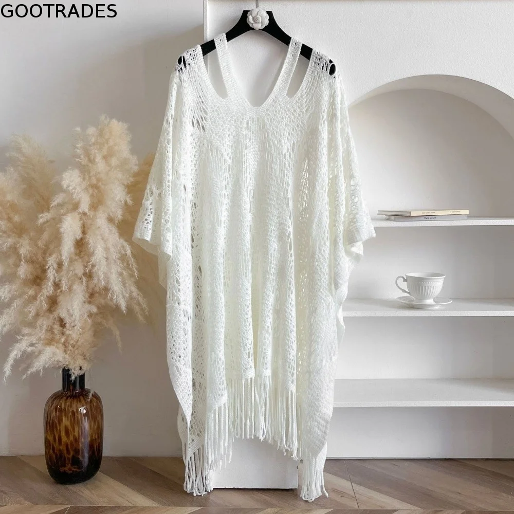 Breathable Sun Protection Bohemian Shawl Tassels Beach Wear Crochet Top Women Plus Size Loose Summer Beach Cloak Women