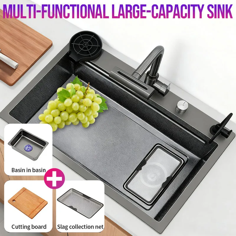 

Home Kitchen sink Four modes Pull-out Waterfall faucet Thickened 304 stainle Large-capacity and Large-panel Slag collection net