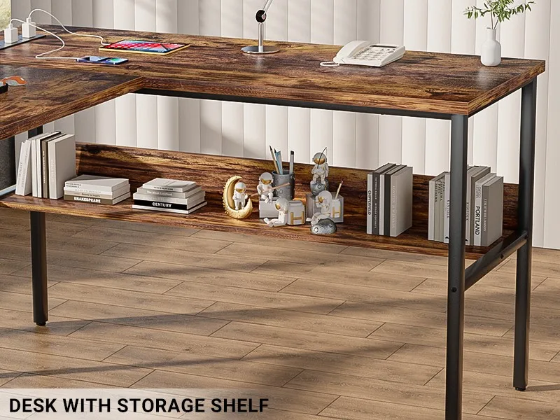 Computer desksL shaped desk with power outlets and storage shelf computer desk for gaming study home office workspace modern