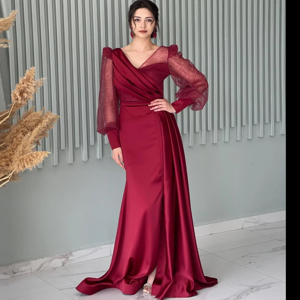 

V-Neck Floor Length Puffy Sleeves Satin High Split Ruched Lace Mermaid Evening Formal Occasion Dresses Party Women Gown 2023