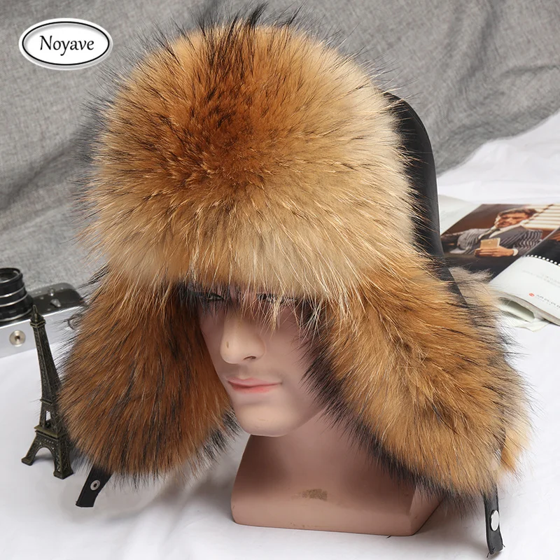 Men Hats Winter Natural Real Fox Fur Bombers Hats Outdoor Warm Soft Luxury Fashion Raccoon Fur Cap Real Sheepskin Leather Hat