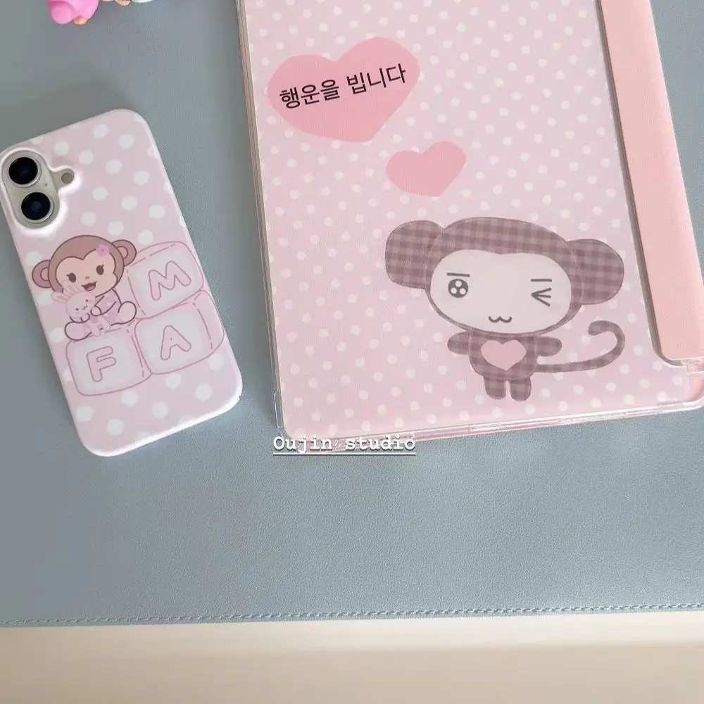 Korea Pink Monkey Polka Dots Cover For iPad 10th 11th 7/8/9 10.2'' Start Case For Air 4 5 6 7 11 For Air 2 9.7 Pro 11 Mini 6 7