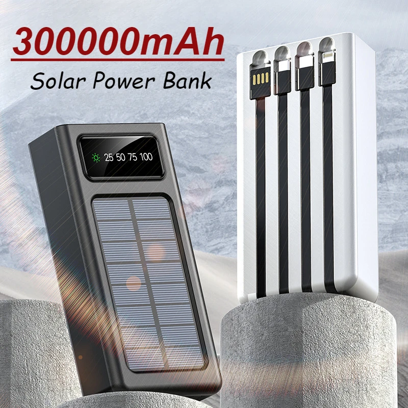 300000mah Solar Power Bank 4 Cables Built-in Solar Charging Port External Charger Suitable for IPhone Mobile Phones 2025