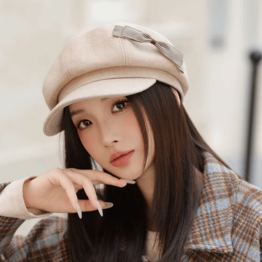 

Fashion Wool Bow Beret Warm Big Head Circumference Newsboy Hat Versatile Y2k Octagonal Cap Female