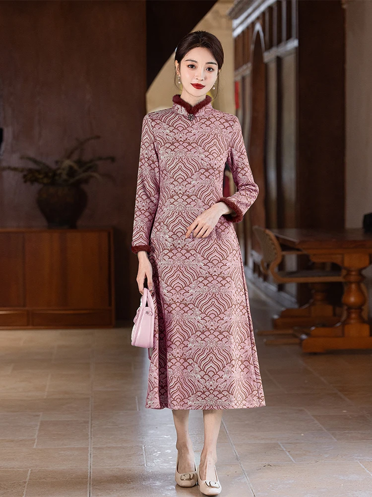 

Ele Young Sle Thiened Women's Qipao Dr Pink Daily Slimming Long Sve Floral Patterned Retro Chinese Faion