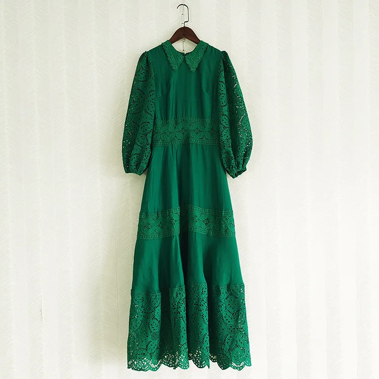 

New 2023 Autumn Long Dress High Quality Women Turn-down Collar Lace Embroidery 3/4 Sleeve Casual Party Green Khaki Maxi Dress