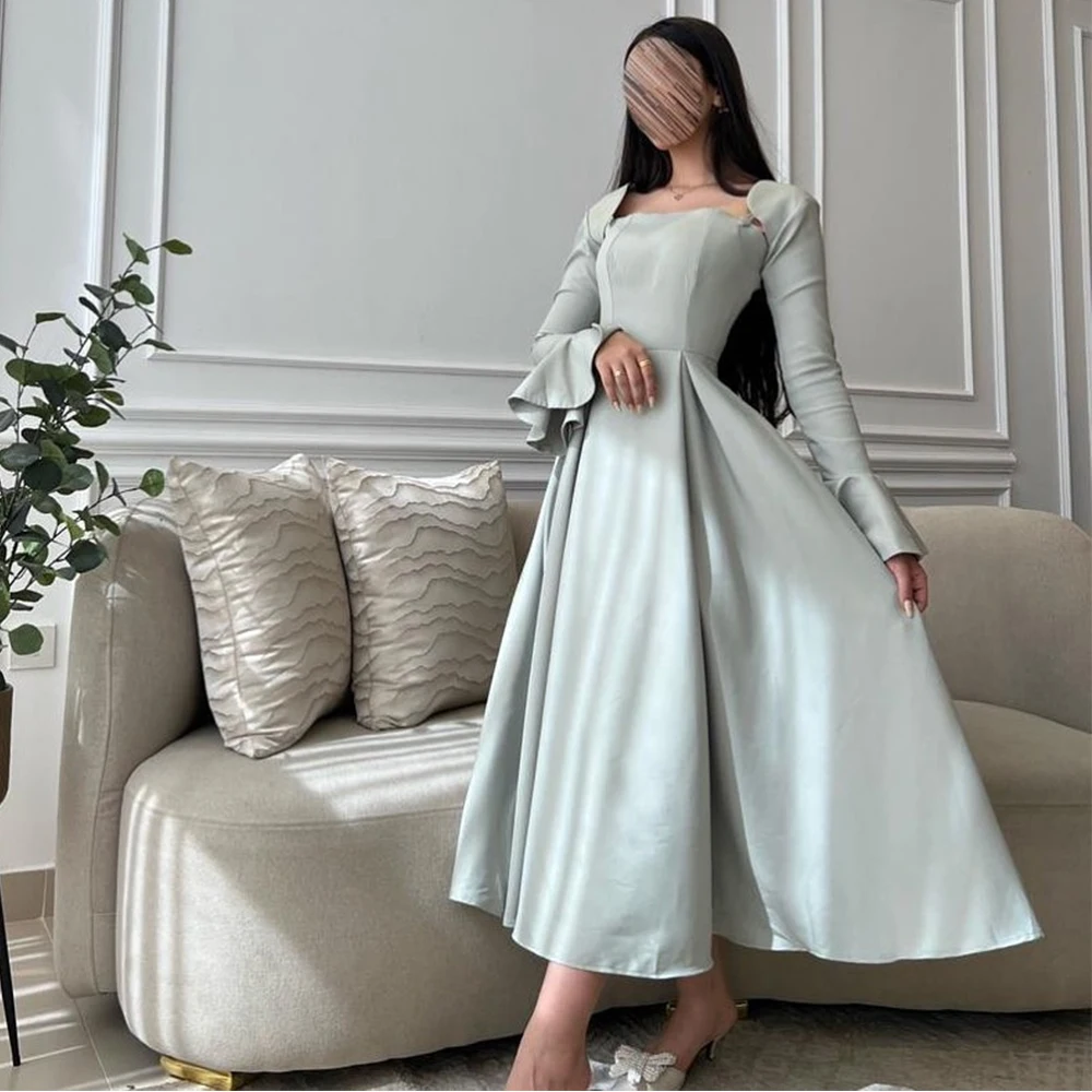 

Evening Dress Satin Tea Length Formal Occasion Gowns Long Flare Sleeves Tea Length Prom Dress High Quality Party Dresses