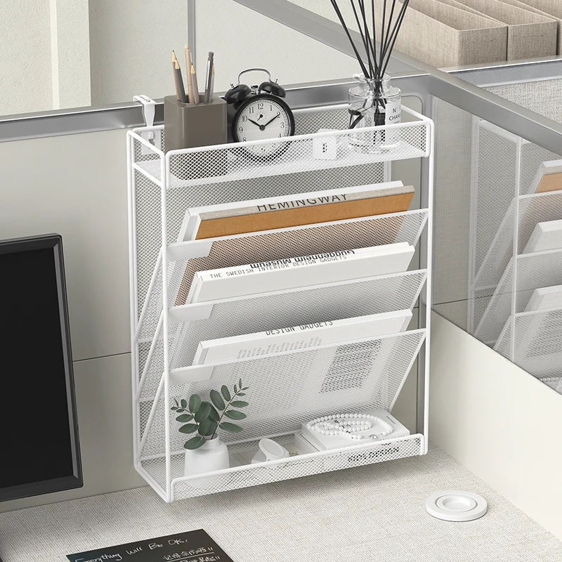 Wall File Organizer Mesh 5 Tier Wall File Holder Desktop Vertical Hanging File Folder Organizer with Bottom Flat Tray