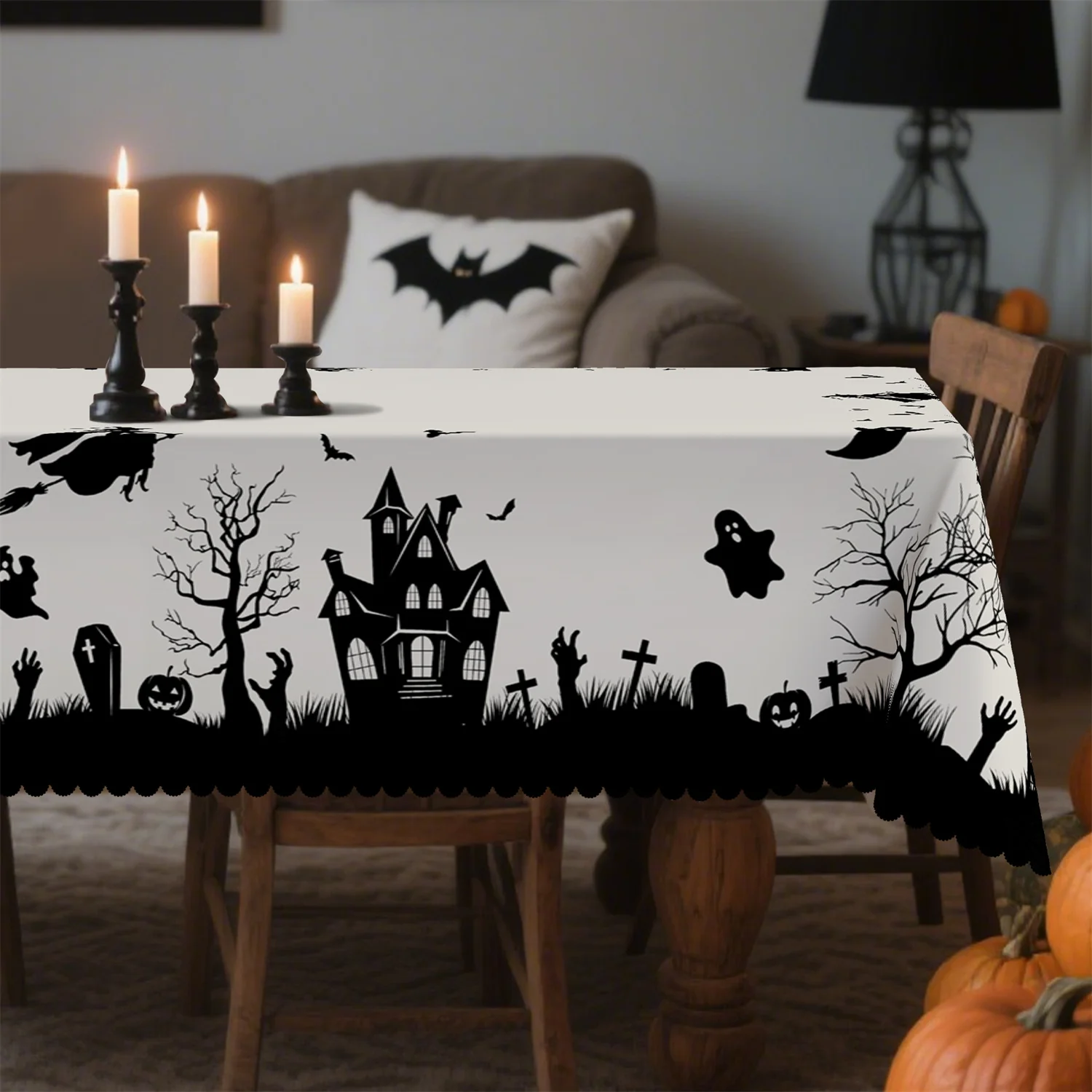 Castle, Dead Tree, Witch, Cemetery, Pumpkin, Bat Halloween Tablecloth - Washable Table Decor for Partieszyc