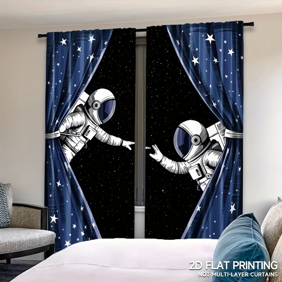 2PCS Digital Printed Curtains, Space Adventure Astronaut, Modern Polyester with Rod Pocket for Bedroom Living Room Home Decor