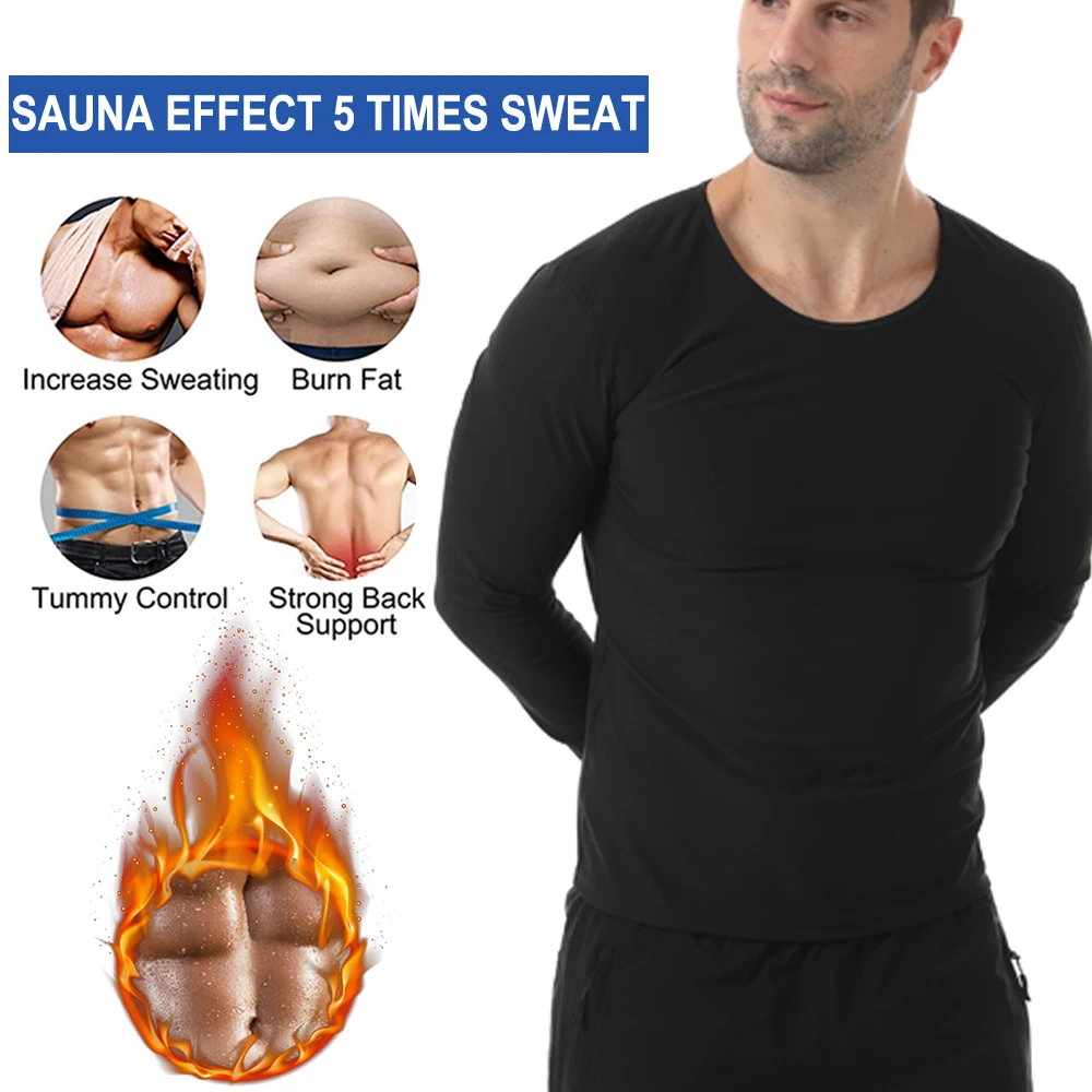 Men Sweat Suit Neoprene Sauna Shirt Fitness Waist Trainer Sweat Gym Long-sleeved Top Workout Slimming Body Shaping Round Neck