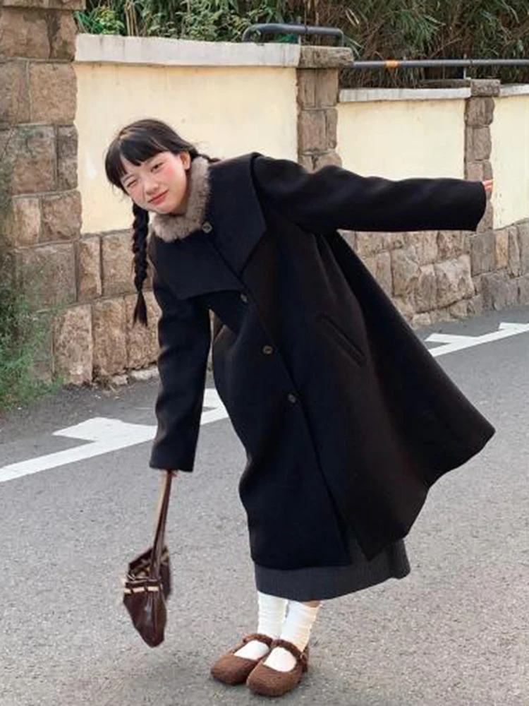 Japanese Sweet Midi Coats Women Loose Casual Button Fur Collar