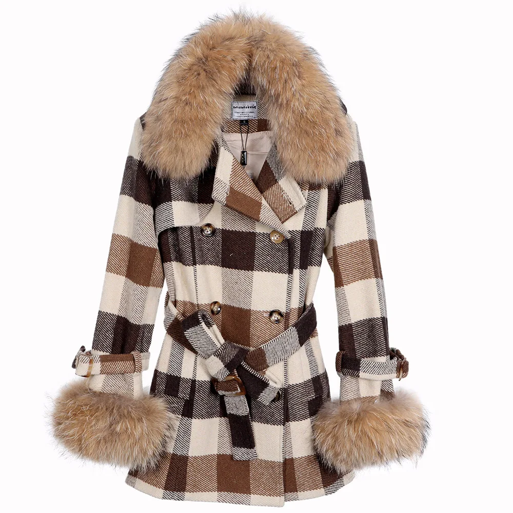 MaoMaoKong2020 plaid ladies coat leather raccoon oversized fur collar coat double-breasted winter pie overcoming female blazer