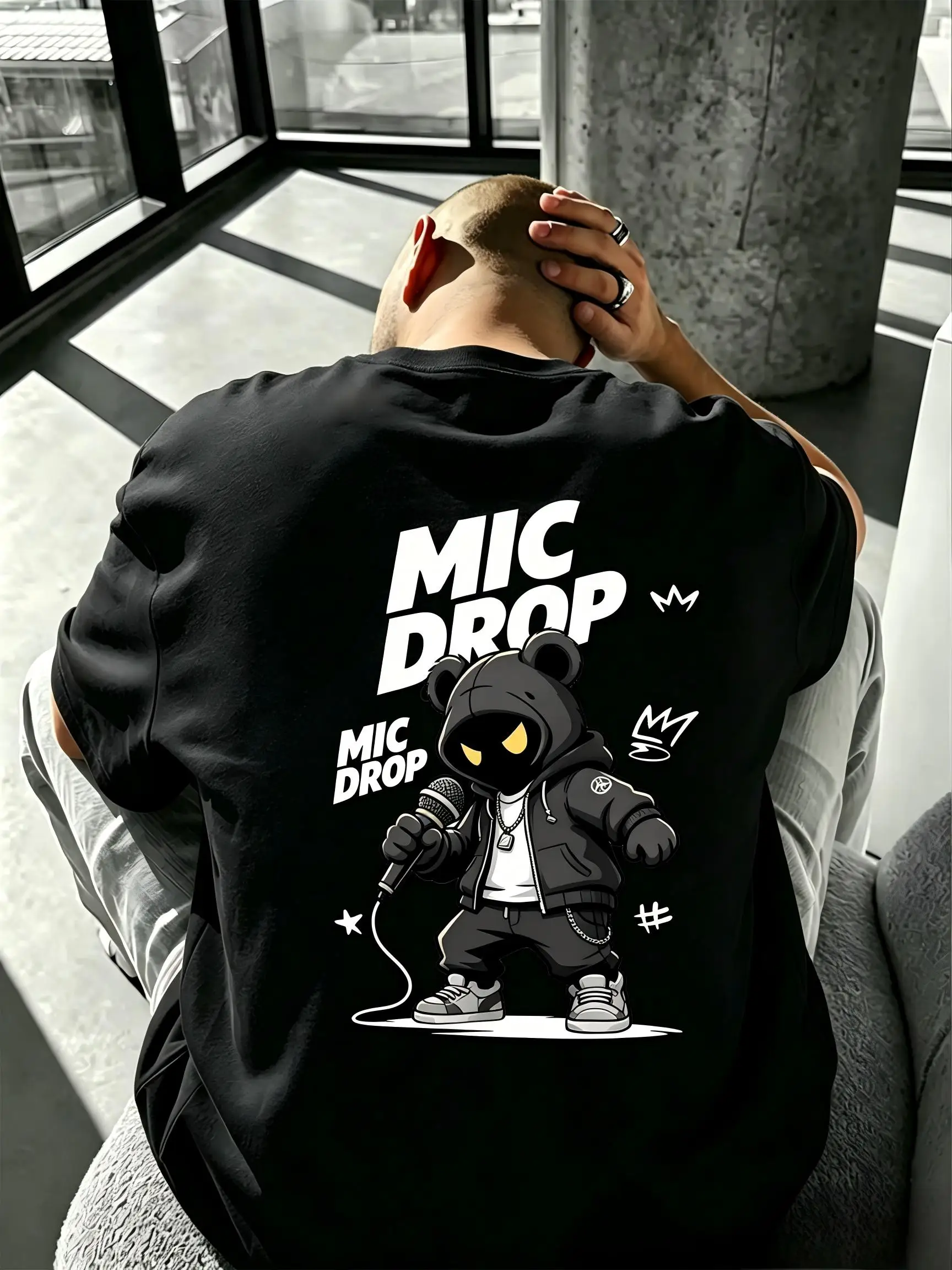 New Fashionable American Men's Summer Bear Microphone Letter Print Soft Breathable Round Neck T-shirt Outdoor Street Top