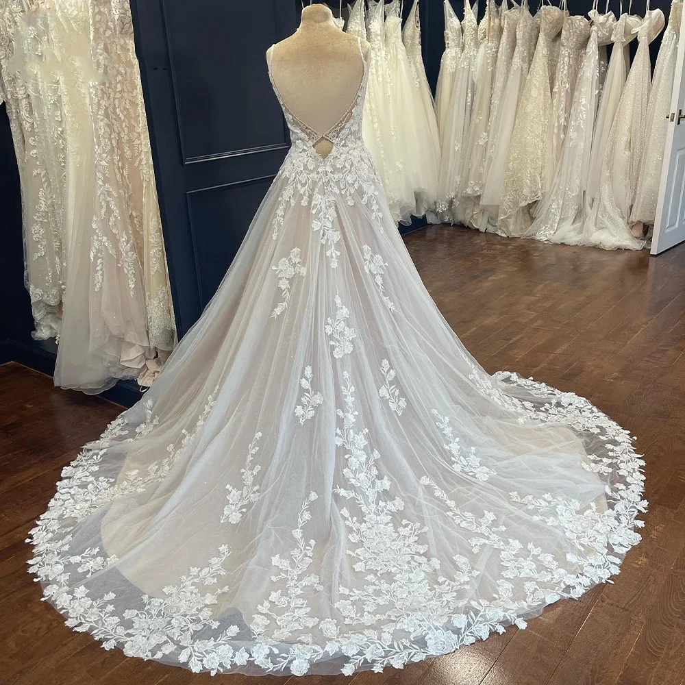 Suknie ślubne Flavinke z koronkowymi aplikacjami na zamówienie dla kobiet, bez rękawów, na ramiączkach spaghetti, tiulowe, w kształcie litery A, Vestidos De Noiva