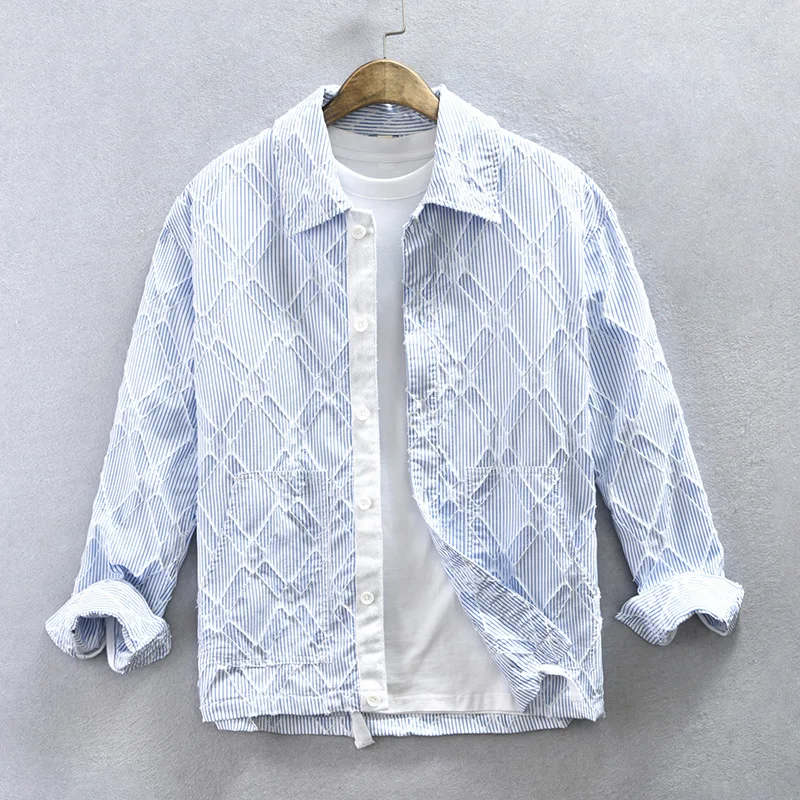 Z226 Vintage Classical Stripe Shirt For Men Spring Fall Fashion Casual Loose Streetwear Blouse Youth Teen Comfortable Daily Tops