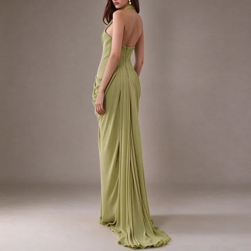 Luxury Halter Neck Evening Gown Ladies Deep V Velvet Corset Top Draped Sleeveless Mermaid Long Dress Formal Wedding Prom Dresses